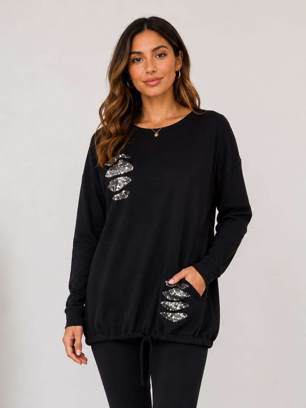 Bella Amore Italy Black Sequin Distressed Hi Lo Sweatshirt Tunic Top
